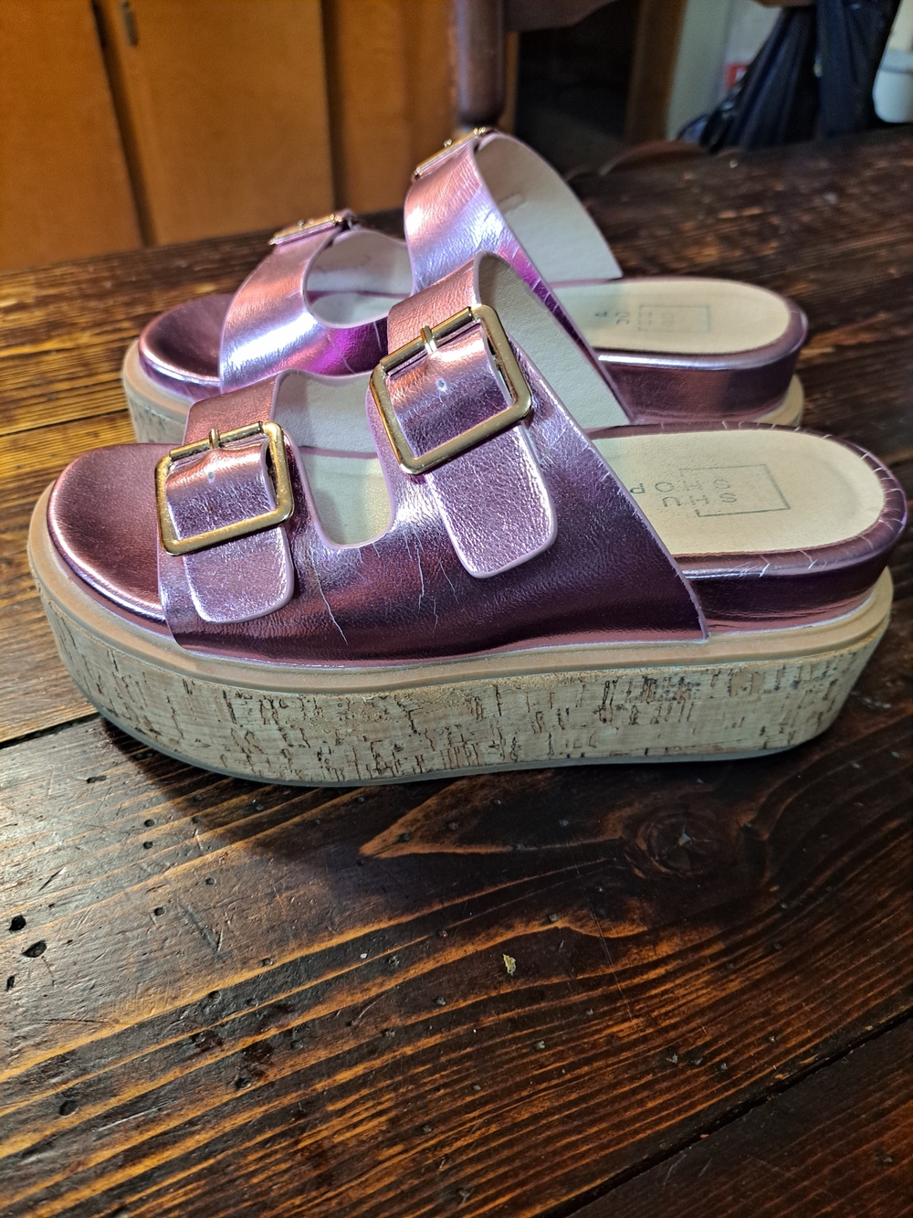 ShuShop Metallic Rose Pink Platform Slide Mules with Gold Buckles